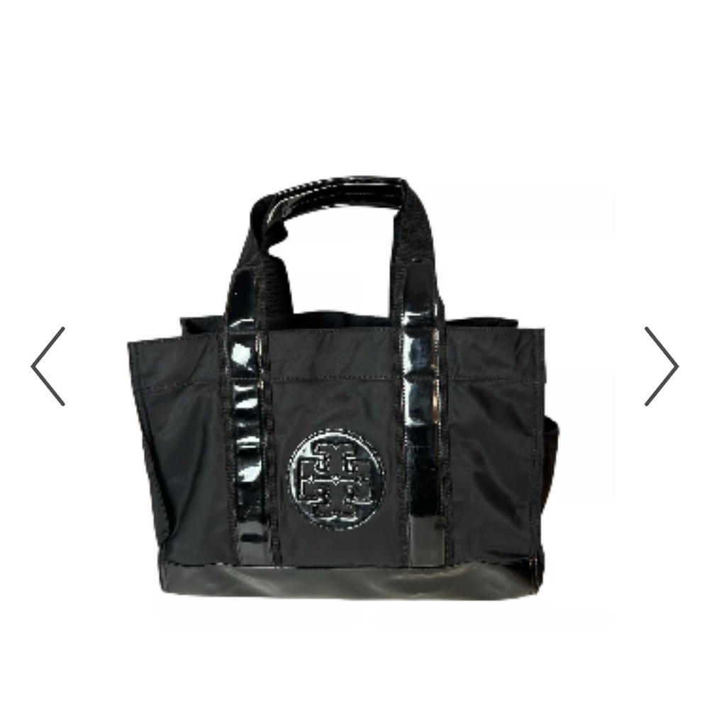 Tory Burch large Ella black patent leather iconic logo tote.